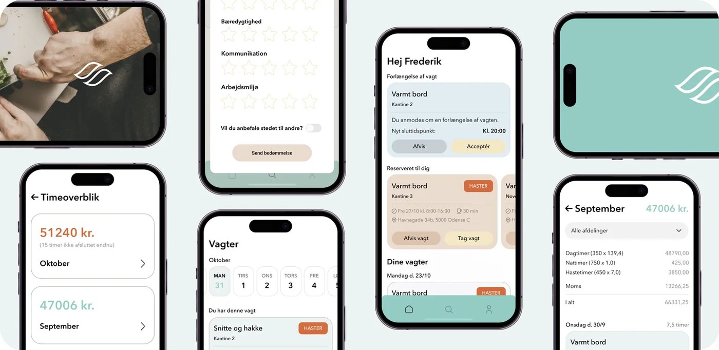 F&B Staff app, skærmbilleder af vagtoverblik, timeregnskab og bedømmelse