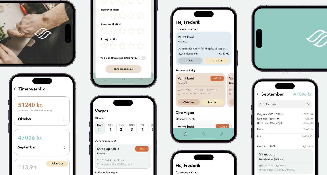 F&B Staff app, screens of login, ratings, hours overview and shift overview