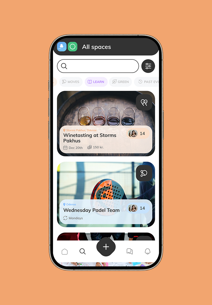 Joyn app, oversigt over alle spaces med filtrering på kategorier