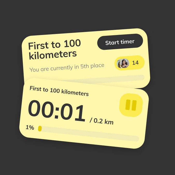Joyn app, challenge-kort med Start timer og fremdriften 1% af 0.2 km
