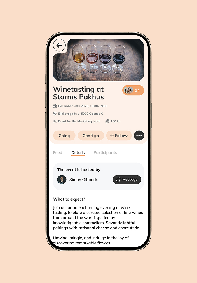 Joyn app, eventside for en vinsmagning med detaljer og tilmelding