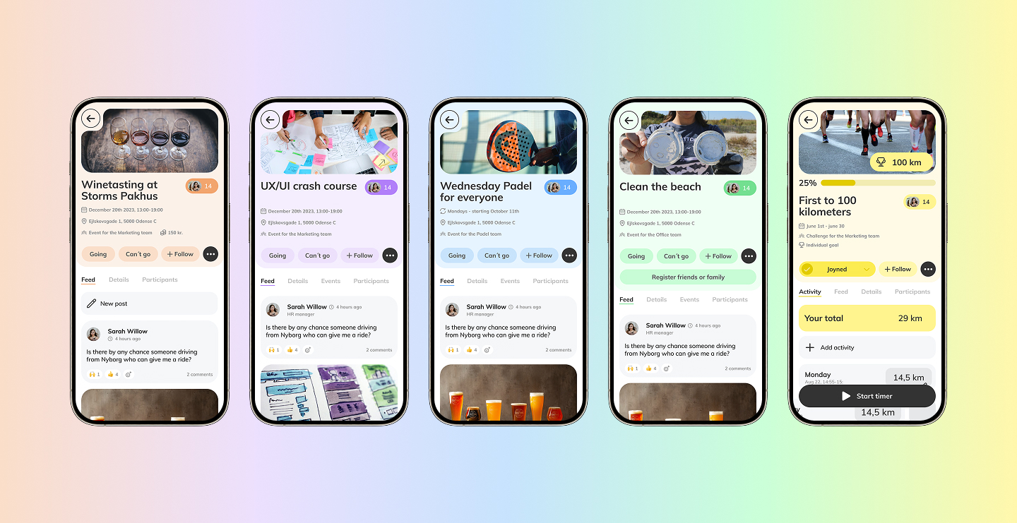 Joyn app, fem skærmbilleder der viser eventside, kursus, padelhold, strandrensning og en challenge