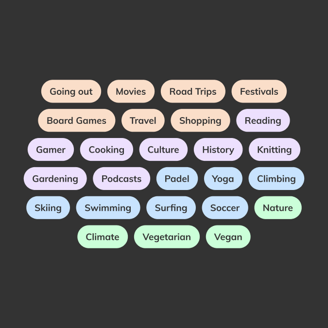 Joyn app, interessetags som Going out, Padel, Yoga og Vegetarian