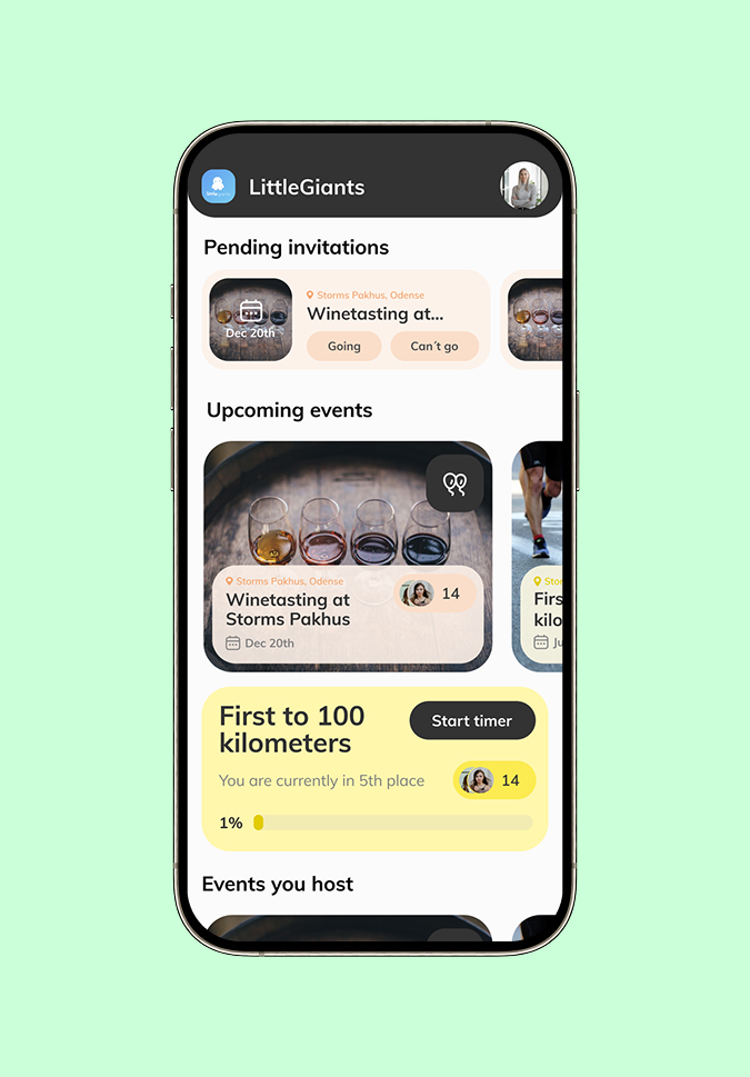 Joyn app dashboard på mobil med kommende events og en igangværende challenge