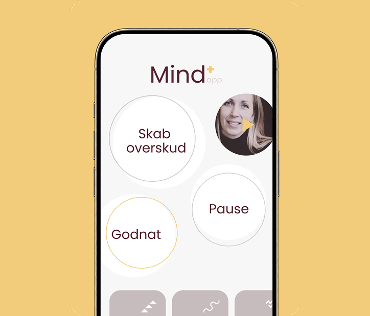 Mind+ app, skærmbillede med øvelserne Skab overskud, Pause og Godnat