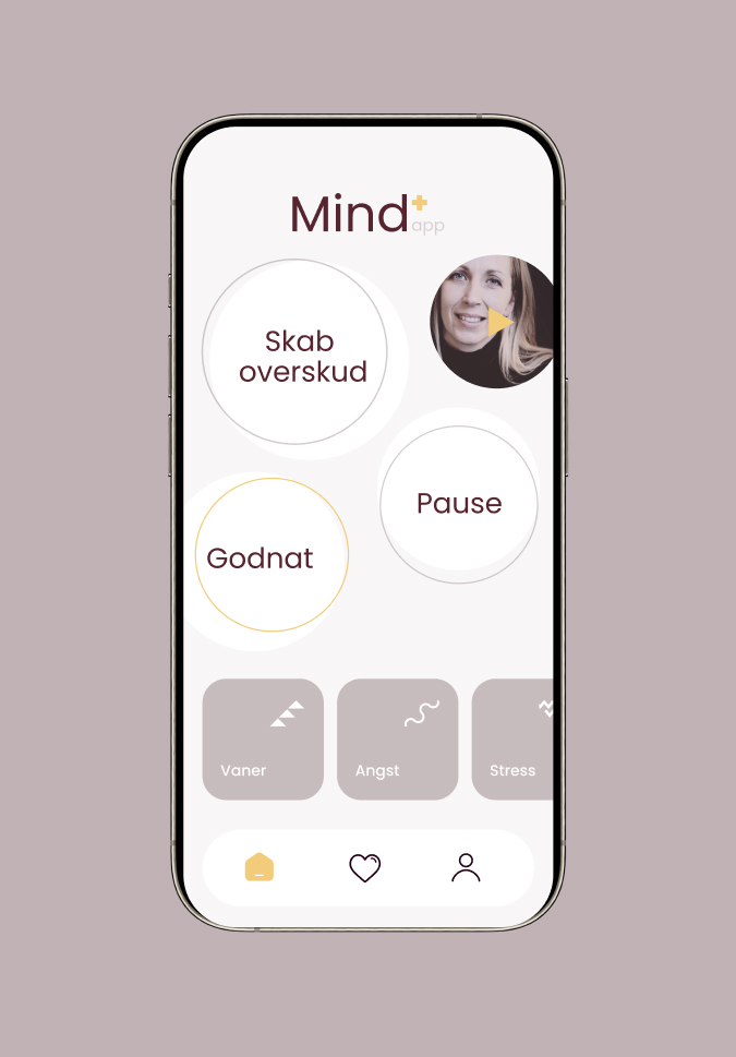 Mind+ app's homepage in mauve, with the exercises Create energy, Pause and Goodnight