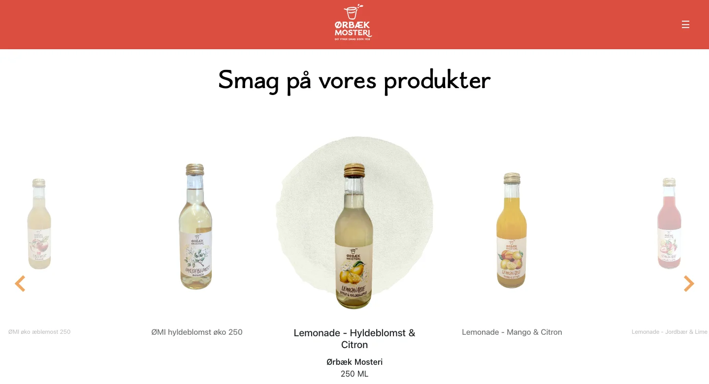 Skærmbillede af oerbaekmosteri.dk, sektionen Smag på vores produkter